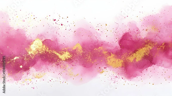Fototapeta Abstract pink ink painting with gold splashes creating a 