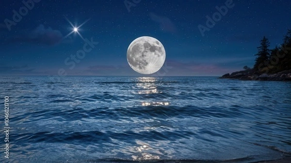 Fototapeta Majestic full moon rising over still water with reflections of stars