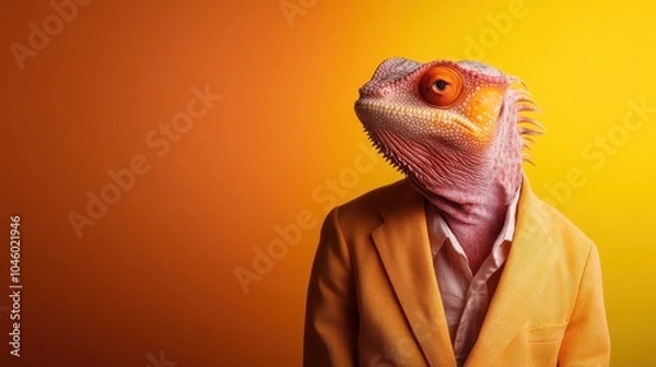 Fototapeta A whimsical image depicting a lizard-headed human in a yellow jacket, looking regal against a bright orange backdrop, representing adaptability and uniqueness.