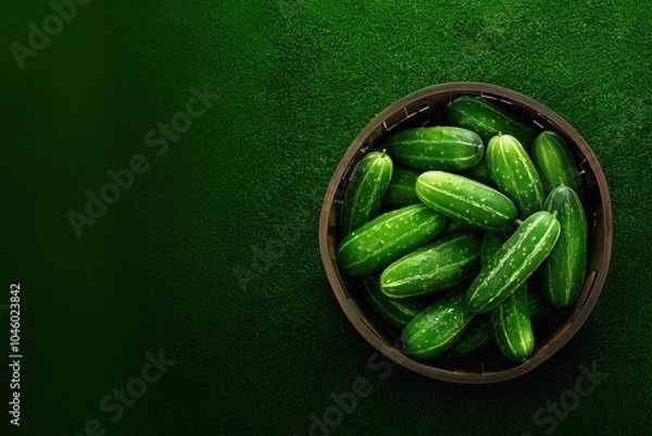 Obraz Abundant Harvest: Top View of Fresh Cucumbers in a Basket on Green Lawn