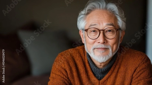 Fototapeta A wise elderly man with glasses and white hair wearing a warm, earthy-toned sweater, expressing calmness and wisdom against a cozy, inviting background.