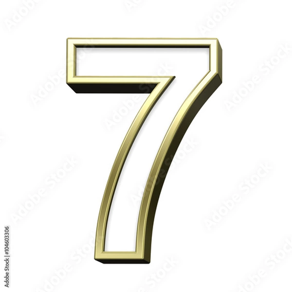 Fototapeta One digit from white with gold shiny frame alphabet set, isolated on white. Computer generated 3D photo rendering.