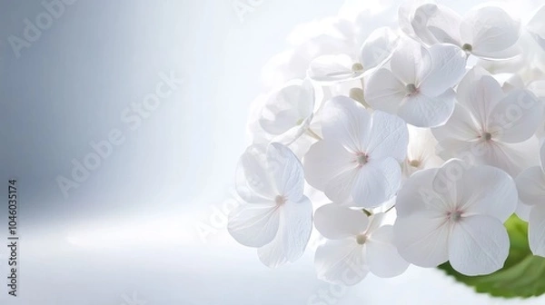 Obraz Delicate white hydrangea cluster, soft-focus background, Hydrangea floral details, Elegant simplicity