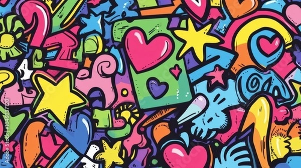 Fototapeta This artwork features an explosion of colors with various doodles, including stars, hearts, arrows, and flowers, designed for visual appeal. Generative AI