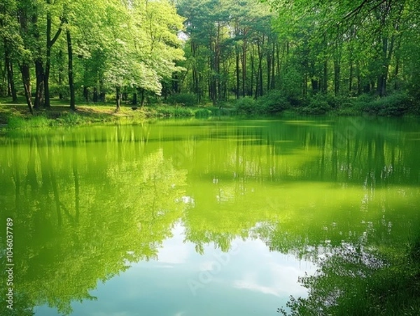Fototapeta Calm green lake with reflections trees and a peaceful atmosphere