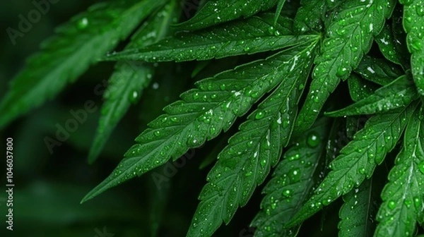 Fototapeta This visually stunning photograph depicts a vibrant green leaf, accented with refreshing droplets of water, capturing the essence of vitality and organic splendor.