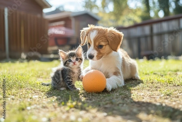Fototapeta Cheerful puppy and kitten duo playing with a ball in a sunny yard