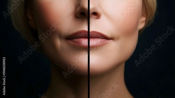 Fototapeta Side-by-side video progression of a patient's facelift results, from sagging skin to a rejuvenated, lifted appearance, Smooth Transitions, Realistic, Close-up