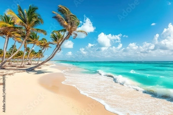 Fototapeta Golden beach with turquoise water and palm trees swaying in the wind