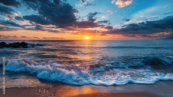 Fototapeta Dramatic sunset view from the beach, panoramic wallpaper background