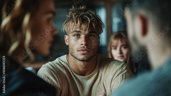Fototapeta A man intensely engaged in a conversation, surrounded by colleagues, conveying communication and teamwork dynamics in a collaborative workspace.