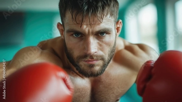 Fototapeta A determined male boxer with a focused expression, wearing red boxing gloves, demonstrates intensity and readiness in a gym setting, capturing the spirit of competition.