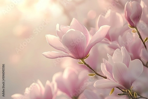 Fototapeta Soft pink magnolia flowers bloom. A beautiful image to represent spring, new life, and growth.