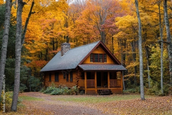 Fototapeta Cozy fall cabin surrounded by trees in full autumn colors