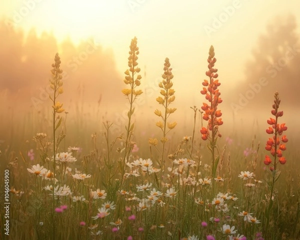 Fototapeta Soft focus wildflowers in a misty meadow with warm natural tones