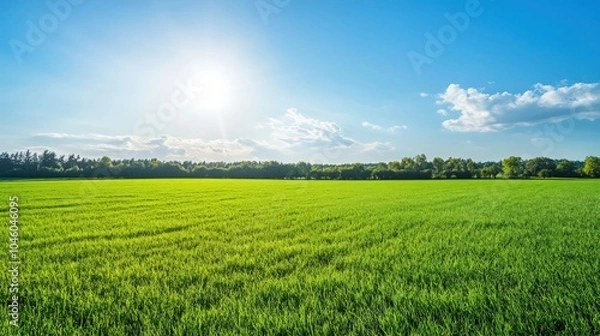 Fototapeta Bright green grass field with a distant tree line and blue sky