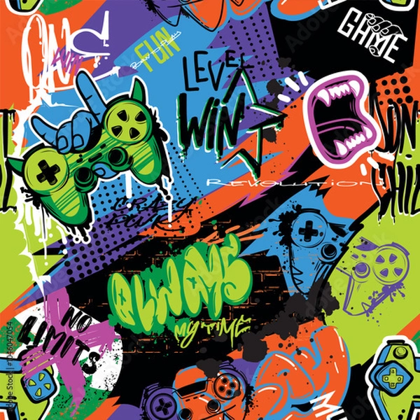 Fototapeta Abstract seamless gaming pattern on bright grunge background with cross sign, gamepad, rock hand, predator throat, graffiti words. Gaming print. Teen wallpaper for sport textile, wrapping paper.
