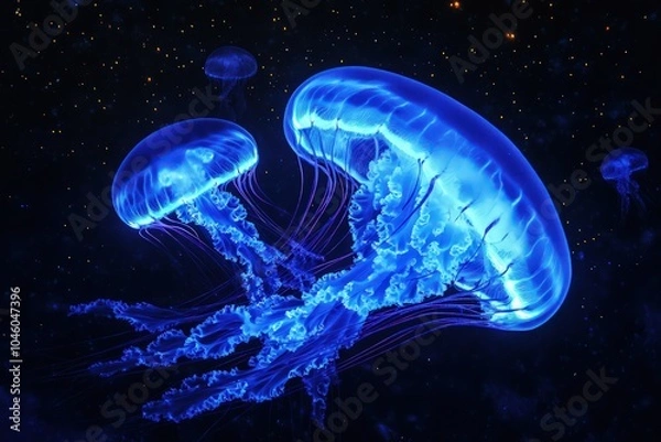 Fototapeta Glow-in-the-dark jellyfish swimming through a deep, dark ocean