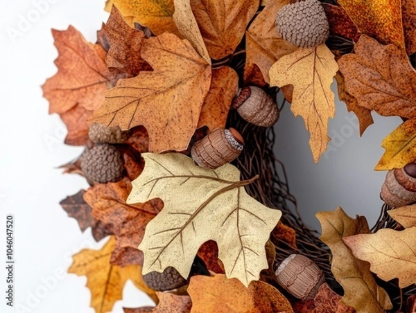 Fototapeta Detailed a fall wreath made from assorted leaves and acorns