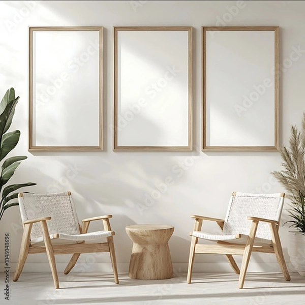 Fototapeta Photo of three simple wooden frames mockup on a wall minimalistic white background frontal lighting