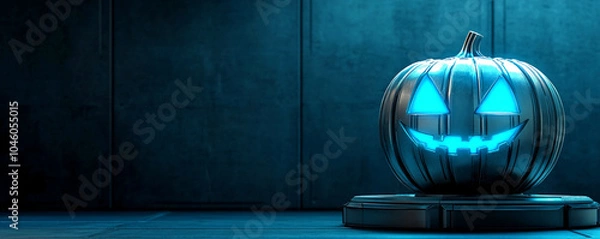 Fototapeta Metallic jack-o'-lantern with glowing blue eyes and mouth on a platform. Concept of Halloween, futuristic, technology.