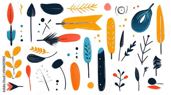 Fototapeta illustration of various colorful botanical elements, displayed on a white background, showcasing creative designs. Colorful hand-drawn botanical elements arranged on a white background