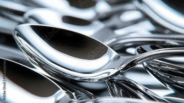 Fototapeta The chrome, stainless steel, and silver spoons appear clean and highly polished, with a side view showing the smooth, reflective metal in a stacked photo with clipping path