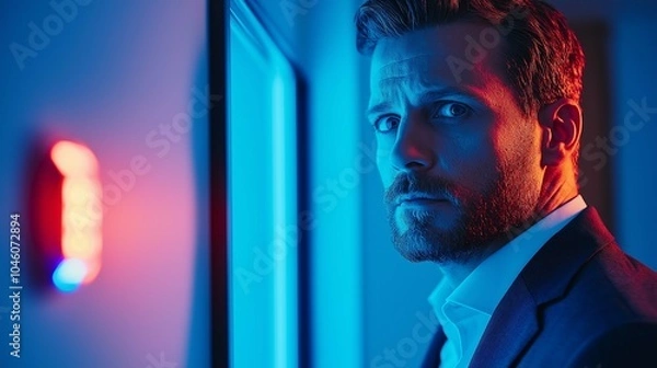 Fototapeta Businessman Activating Digital Alarm in Modern Space