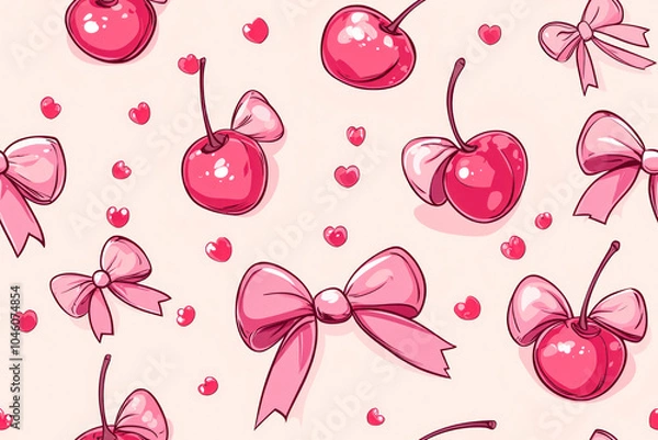 Fototapeta Seamless groovy pattern with cherries and bows. Cartoon style trendy romantic background.