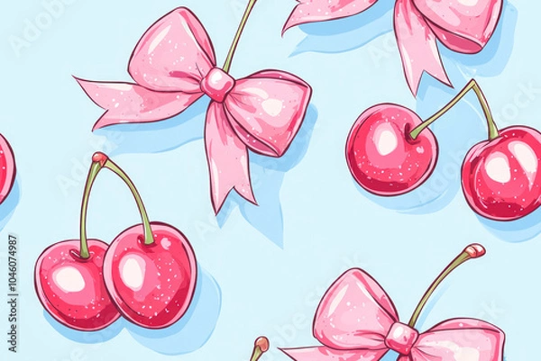Fototapeta Seamless groovy pattern with cherries and bows. Cartoon style trendy romantic background.