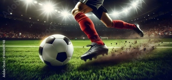 Obraz Soccer Player Kicking Ball - Action Shot, Stadium, Close-Up