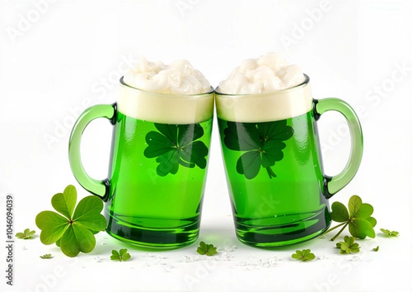 Fototapeta Two green beer mugs with shamrocks and foam