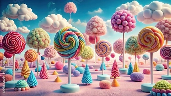 Fototapeta Whimsical candy land with colorful lollipop trees and marshmallow clouds