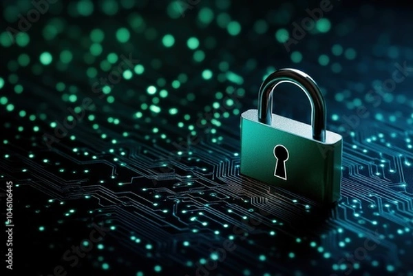 Fototapeta Digital padlock on a circuit board, isolated on a dark background.