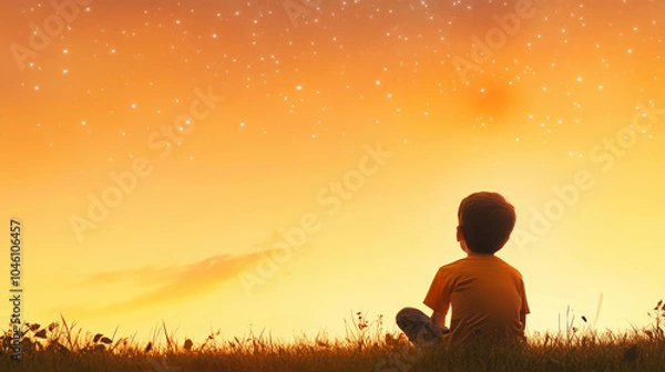 Fototapeta A child sits in a field gazing at the starry sky during sunset, creating a peaceful and dreamy atmosphere in the warm glow.