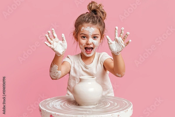 Fototapeta young girl making pottery with clay on a wheel, generative ai