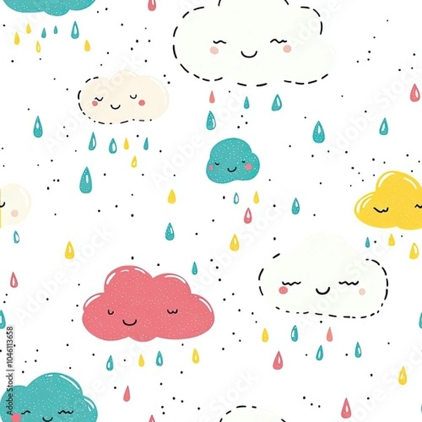 Fototapeta Colorful Smiling Clouds with Raindrops Seamless Pattern