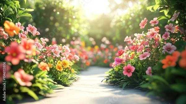Fototapeta Colorful Flower Path in a Bright Garden Setting
