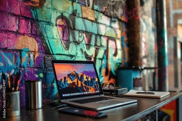 Fototapeta A sleek laptop sits on a desk surrounded by colorful art, showcasing a dynamic workspace conducive to creativity and productivity. Generative AI