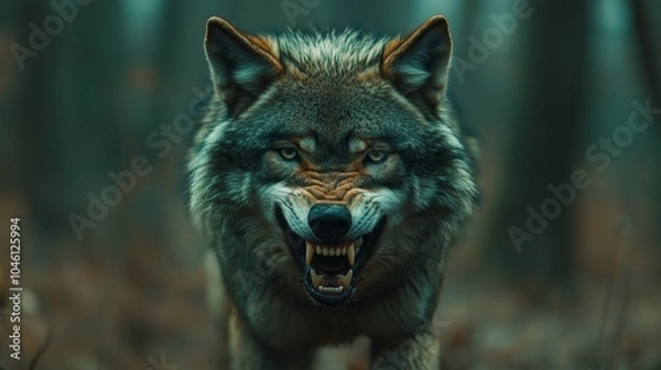 Fototapeta A photo of an angry wolf, showing its teeth and barking in the forest. The background is blurred to emphasize on its face