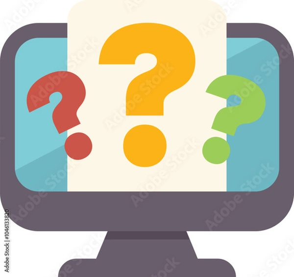 Fototapeta Illustration of a computer screen displaying a document with question marks, representing online frequently asked questions, support and assistance