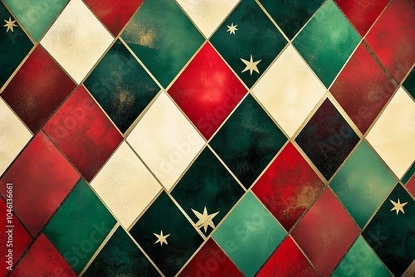 Obraz A festive geometric composition inspired by holiday wrapping paper, with interconnected diamonds and star shapes in red, green, and metallic gold. The pattern creates a repeating.