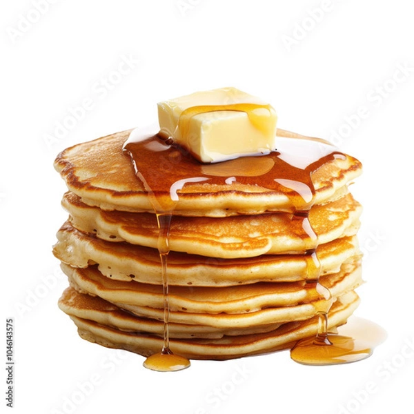 Obraz Fluffy pancake stack drizzled with warm maple syrup, crowned with a pat of melting butter, inviting and deliciously tempting.