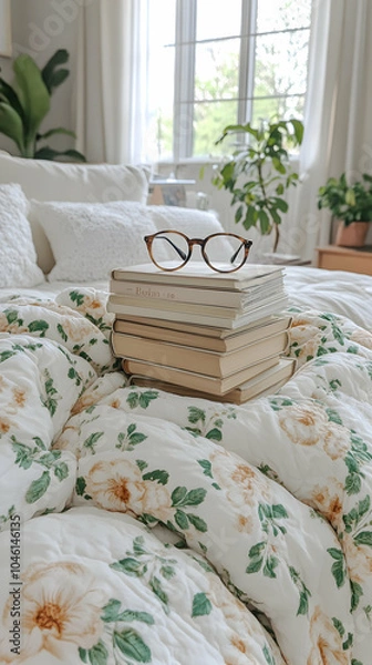 Fototapeta A stack of books with glasses on top, on a bed with white floral bedding.