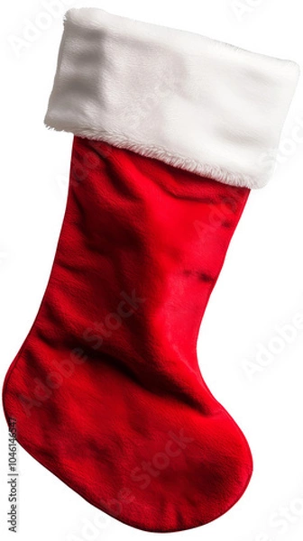Fototapeta Red Christmas stocking with white trim on a white isolated background. cut out, png, transparent background.