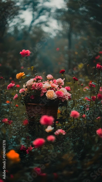 Fototapeta A basket of pink and white flowers in a field of blooms, with a misty background.