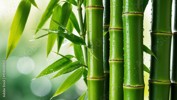 Fototapeta Close-up view of fresh green bamboo stalks with water droplets, capturing nature’s purity and serenity, symbolizing growth, strength, and resilience in lush surroundings.