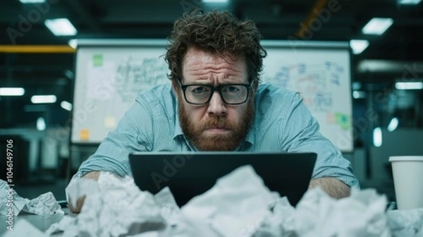 Fototapeta Wornout entrepreneur in a spacious office battling paperwork and digital overload amidst creative chaos