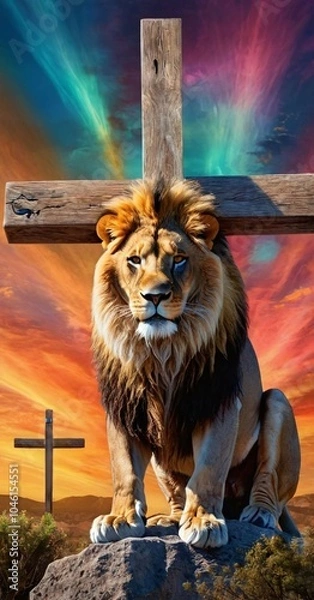 Fototapeta A majestic lion in front of christian cross against colorful sunset background, lion in christian concept art