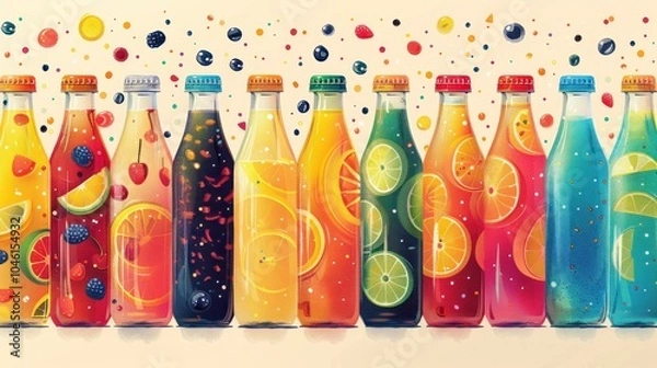 Fototapeta A row of colorful glass bottles with different fruit juices and sparkling beverages, decorated with fresh fruit slices and colorful confetti.